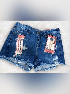 ENJEAN Women's Blue Frayed Cutoff Jean Shorts